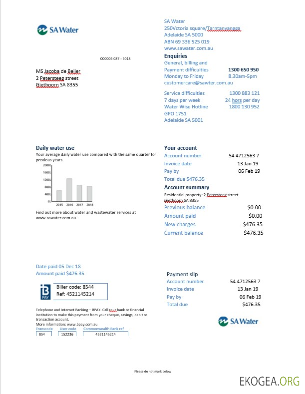 Netherlands SA Water utility bill in Word format